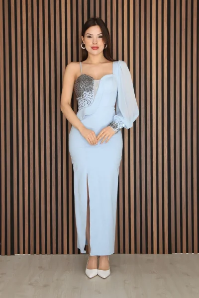 Askılı Tek Kol Taş Detaylı Yırtmaçlı Abiye Elbise 2241-Bebe Mavisi