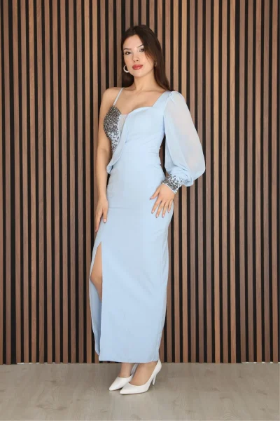 Askılı Tek Kol Taş Detaylı Yırtmaçlı Abiye Elbise 2241-Bebe Mavisi