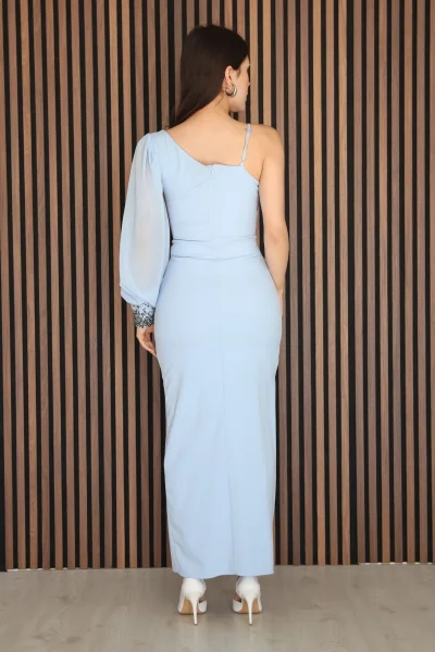 Askılı Tek Kol Taş Detaylı Yırtmaçlı Abiye Elbise 2241-Bebe Mavisi