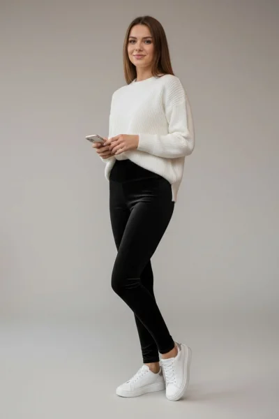 Yüksek Bel Toparlayıcı Düz Kadife Tayt R001-Siyah