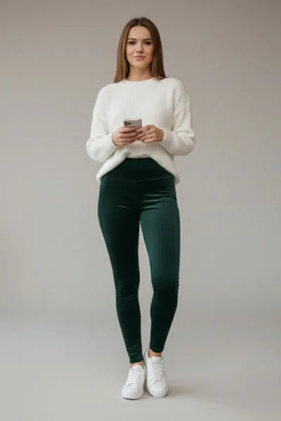 Yüksek Bel Fitilli Kadife Toparlayıcı Tayt R008-Yeşil