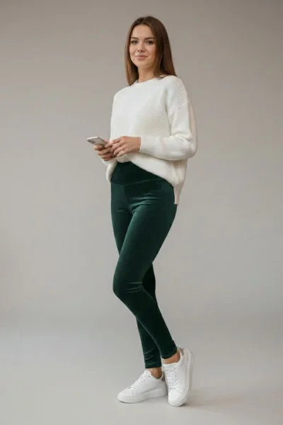 Yüksek Bel Fitilli Kadife Toparlayıcı Tayt R008-Yeşil