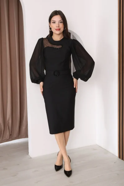 Tül ve İşleme Detaylı Midi Elbise 2285-Siyah