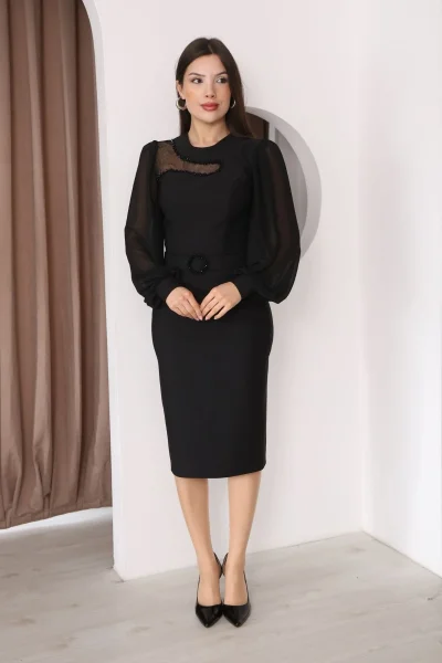 Tül ve İşleme Detaylı Midi Elbise 2285-Siyah