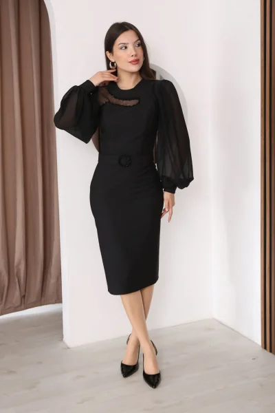 Tül ve İşleme Detaylı Midi Elbise 2285-Siyah