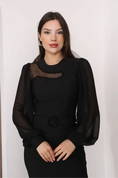 Tül ve İşleme Detaylı Midi Elbise 2285-Siyah