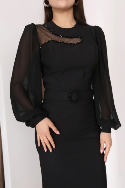 Tül ve İşleme Detaylı Midi Elbise 2285-Siyah