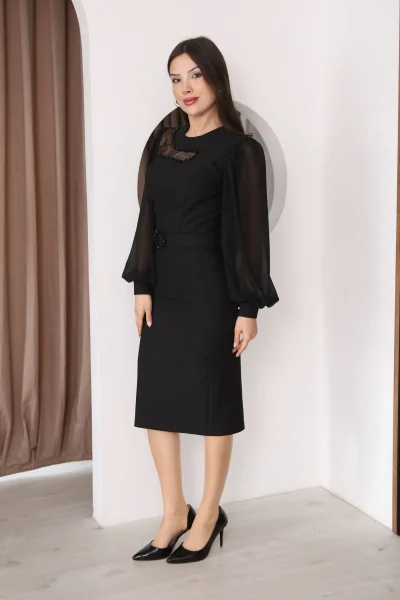 Tül ve İşleme Detaylı Midi Elbise 2285-Siyah