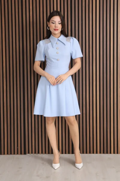 Omuz Tül Detaylı Gömlek Yaka Midi Elbise 2327-Bebe Mavisi