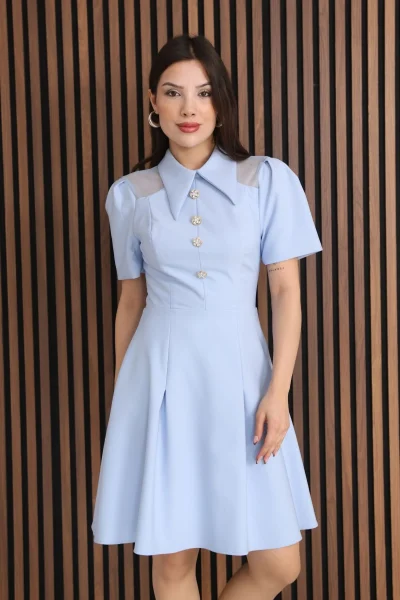 Omuz Tül Detaylı Gömlek Yaka Midi Elbise 2327-Bebe Mavisi