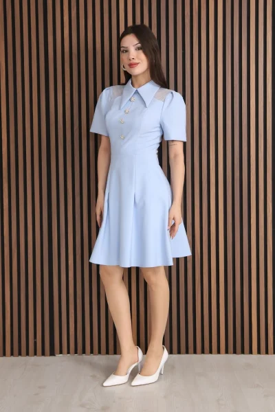 Omuz Tül Detaylı Gömlek Yaka Midi Elbise 2327-Bebe Mavisi