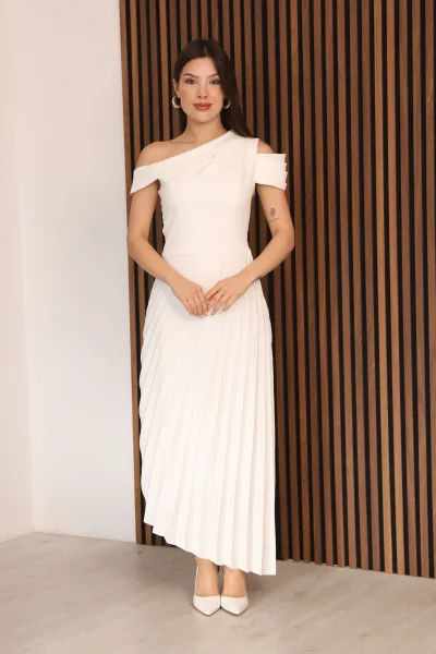 Tek Omuzlu Pilise Detaylı Asimetrik Elbise 2381-Beyaz