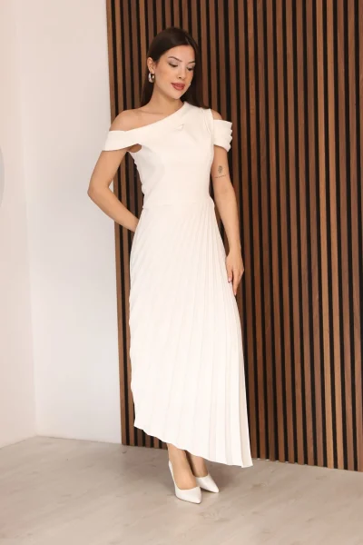 Tek Omuzlu Pilise Detaylı Asimetrik Elbise 2381-Beyaz