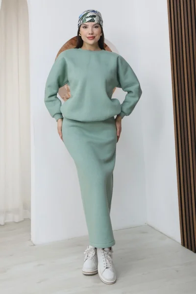 Basic Comfort Şardonlu Etekli Takım 6073-Çağla Yeşili