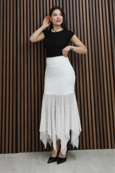 Asimetrik Kesim Dantel Etek 6077-Beyaz