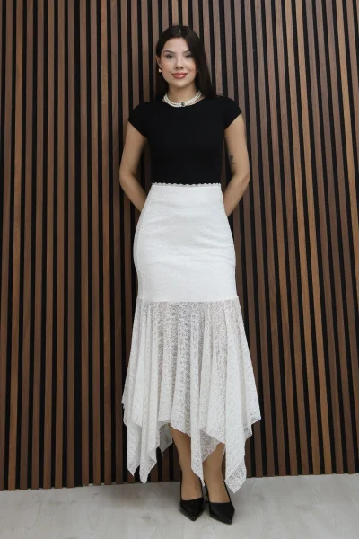 Asimetrik Kesim Dantel Etek 6077-Beyaz