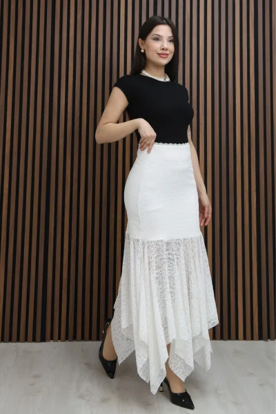 Asimetrik Kesim Dantel Etek 6077-Beyaz
