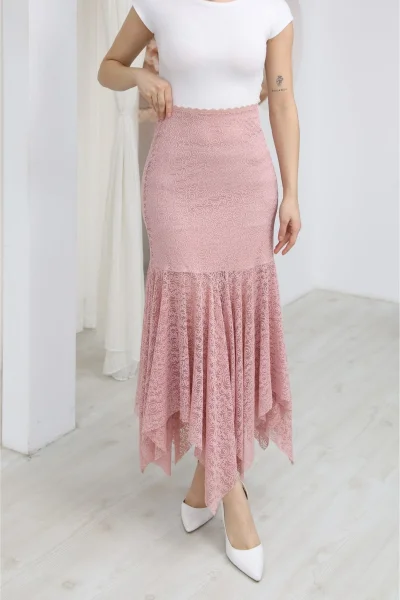 Asimetrik Kesim Dantel Etek 6077-Pudra