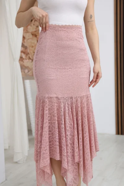 Asimetrik Kesim Dantel Etek 6077-Pudra
