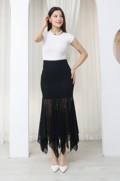 Asimetrik Kesim Dantel Etek 6077-Lacivert