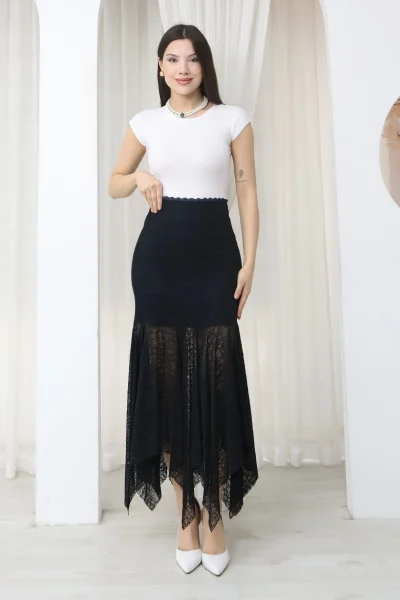 Asimetrik Kesim Dantel Etek 6077-Lacivert