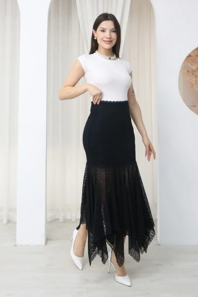 Asimetrik Kesim Dantel Etek 6077-Lacivert