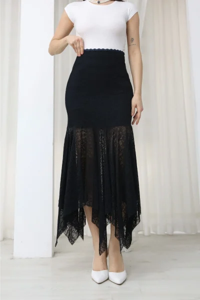 Asimetrik Kesim Dantel Etek 6077-Lacivert