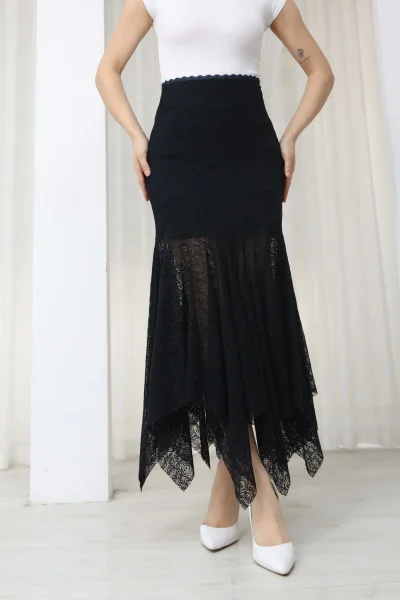 Asimetrik Kesim Dantel Etek 6077-Lacivert