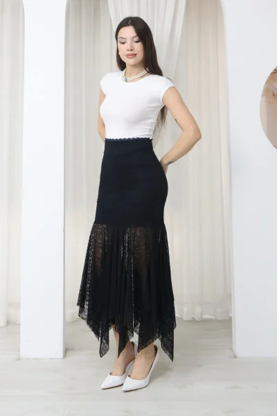 Asimetrik Kesim Dantel Etek 6077-Lacivert