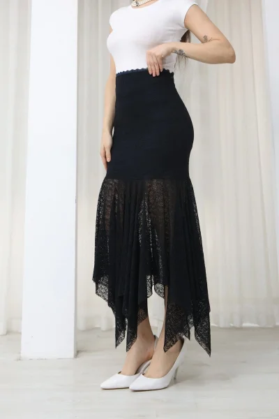 Asimetrik Kesim Dantel Etek 6077-Lacivert