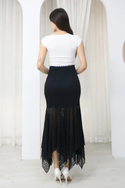 Asimetrik Kesim Dantel Etek 6077-Lacivert