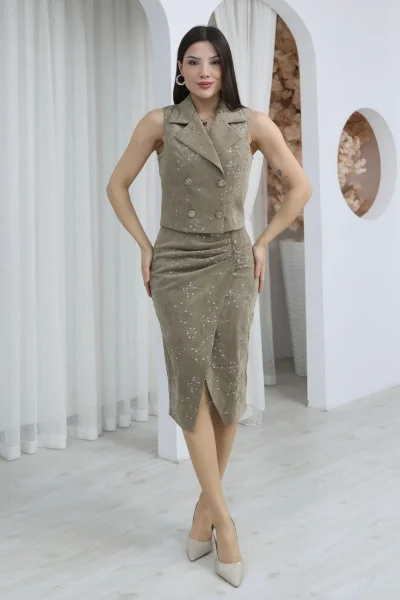 Payet ve Nakış Detaylı Pileli Kruvaze Yelekli Premium Midi Takım 6076-Haki