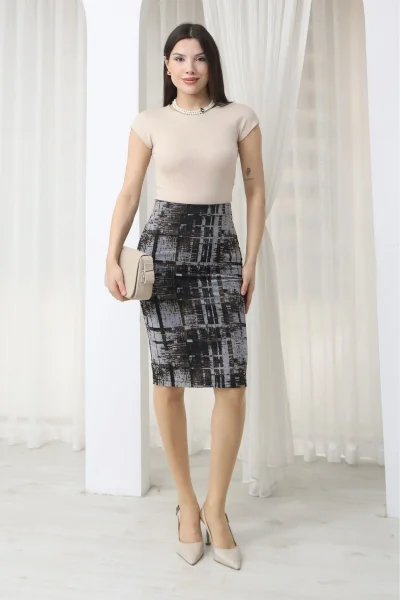 Flok Baskılı Desenli Midi Kalem Etek 6074-Çok Renkli