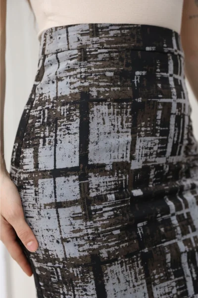 Flok Baskılı Desenli Midi Kalem Etek 6074-Çok Renkli