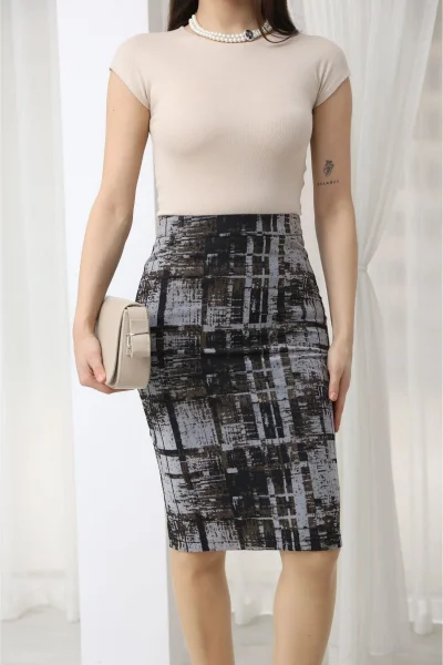 Flok Baskılı Desenli Midi Kalem Etek 6074-Çok Renkli