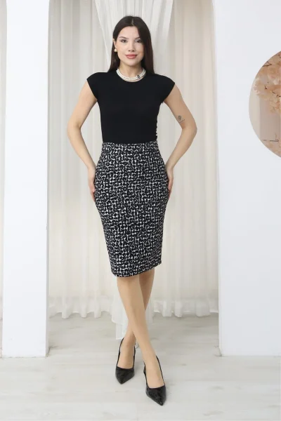 Flok Baskılı Kazayağı Desenli Midi Kalem Etek 6074-Siyah/Beyaz Kazayağı