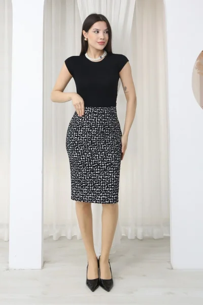 Flok Baskılı Kazayağı Desenli Midi Kalem Etek 6074-Siyah/Beyaz Kazayağı