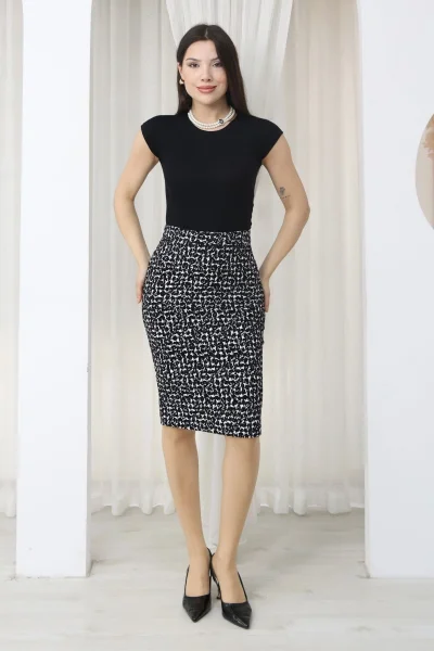 Flok Baskılı Kazayağı Desenli Midi Kalem Etek 6074-Siyah/Beyaz Kazayağı