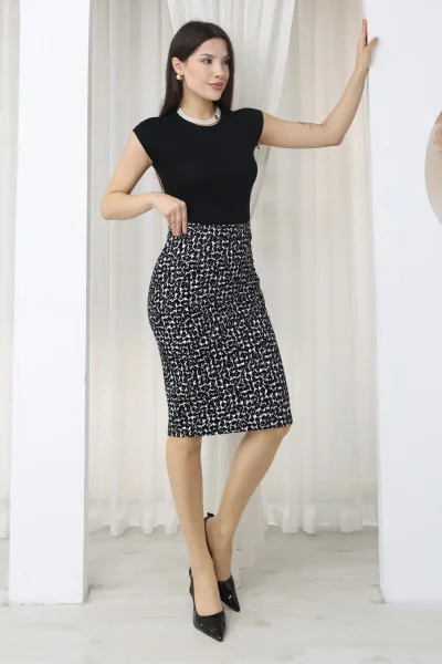 Flok Baskılı Kazayağı Desenli Midi Kalem Etek 6074-Siyah/Beyaz Kazayağı