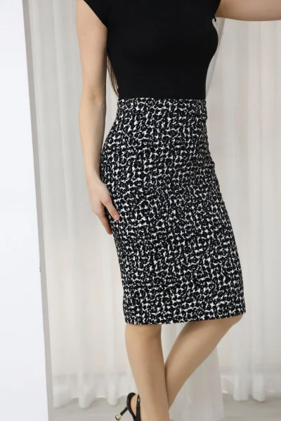 Flok Baskılı Kazayağı Desenli Midi Kalem Etek 6074-Siyah/Beyaz Kazayağı