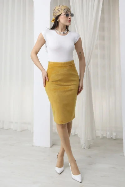 Premium Fok Kumaş Midi Kalem Etek 6078-Sarı