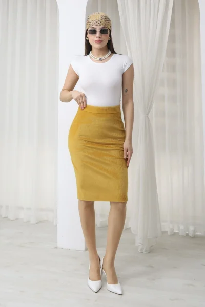 Premium Fok Kumaş Midi Kalem Etek 6078-Sarı