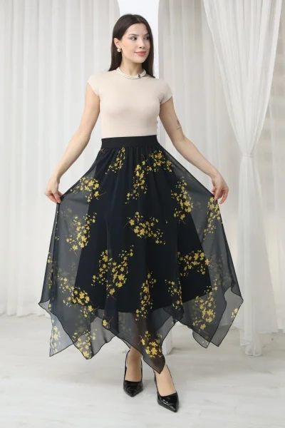 Beli Lastikli Asimetrik Şifon Etek 6071-Siyah / Sarı