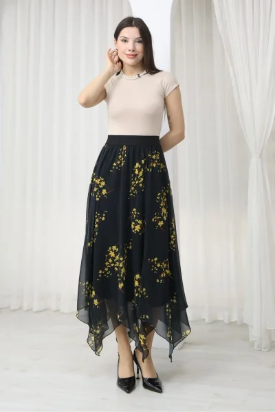 Beli Lastikli Asimetrik Şifon Etek 6071-Siyah / Sarı