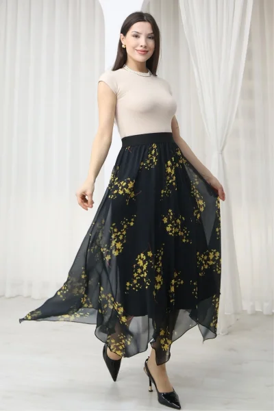 Beli Lastikli Asimetrik Şifon Etek 6071-Siyah / Sarı