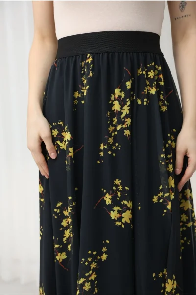 Beli Lastikli Asimetrik Şifon Etek 6071-Siyah / Sarı