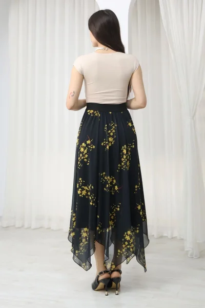 Beli Lastikli Asimetrik Şifon Etek 6071-Siyah / Sarı