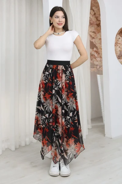 Beli Lastikli Asimetrik Şifon Etek 6071-Siyah / Kiremit