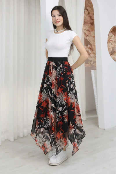 Beli Lastikli Asimetrik Şifon Etek 6071-Siyah / Kiremit