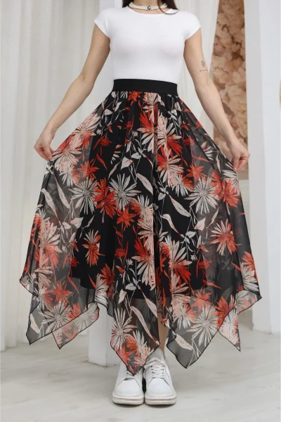 Beli Lastikli Asimetrik Şifon Etek 6071-Siyah / Kiremit